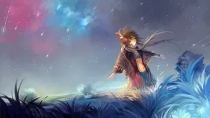 Anime Boy Gaming With Horned Girl Wallpaper