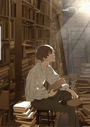 Anime Boy On A Dump Of Books Wallpaper