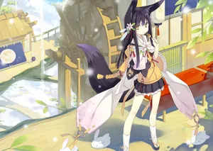 Anime Fox Girl Spiritual Shrine Visit Wallpaper