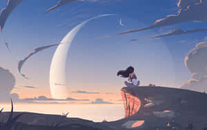 Anime Girl Alone Sitting Mountain Cliff Wallpaper