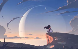 Anime Girl Alone Sitting Mountain Cliff Wallpaper