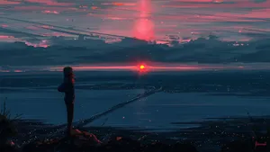 Anime Girl Overlooking Sunset City From Cliff Wallpaper