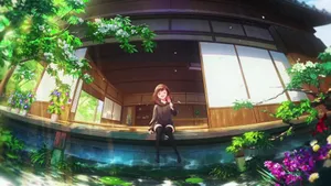 Anime Girl Relaxingby Koi Pond Wallpaper