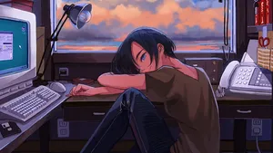 Anime Girl Tired In Front Of Laptop Wallpaper