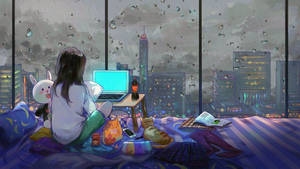 Anime Girl Works On Laptop With Overlooking City Wallpaper