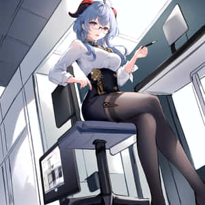 Anime Office Girl With Thigh Stockings Wallpaper