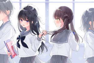 Anime School Scenery Schoolgirls In Hallway Wallpaper