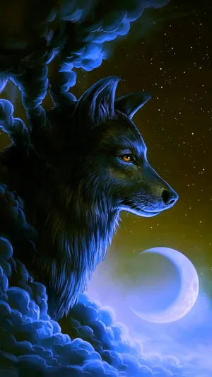 Anime Wolf In The Clouds With The Moon Wallpaper