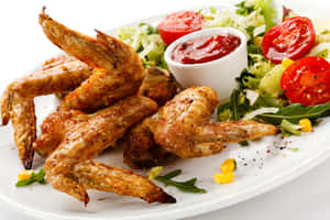 Appetizing Chicken Wings With Red Dip And Side Salad Wallpaper