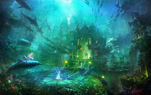 Aquatic City With Sea Creatures Wallpaper