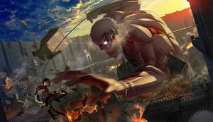 Armored Titan Facing Against Mikasa In A Fight To The Death Wallpaper