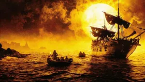Arrr, A Pirate Ship Battles The Waves Amidst The Setting Sun Wallpaper