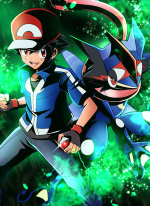 Ash And Greninja In Green Wallpaper