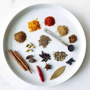 Assortment Of Vibrant Spices On A White Round Plate. Wallpaper