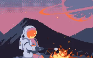 Astronaut Bonfire Pixel Art Wallpaper