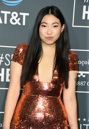 Awkwafina Metallic Bronze Sequin Dress Wallpaper