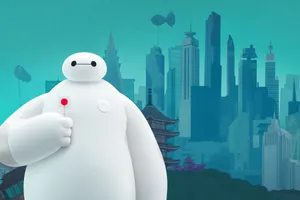 Baymax Holding Lollipop Against Cityscape Wallpaper