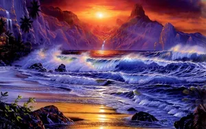 Beach Sunset Painting Wallpaper