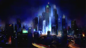 Beautiful Cityscape Of Skyscrapers Illuminated By Illuminated By Warm Lights Wallpaper