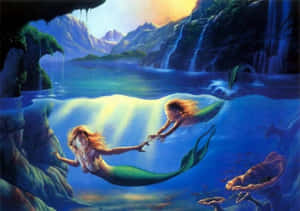 Beautiful Mermaid Mom And Daughter Wallpaper