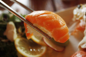 Beautiful Salmon Sushi With White Rice Wallpaper