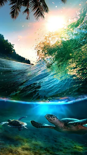 Beautiful Sea Waves & Swimming Turtles Wallpaper