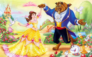 Belle With Beast In Garden Wallpaper