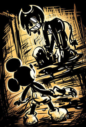 Bendy The Ink Demon Strikes A Pose Against A Retro-styled Ink Factory Background. Wallpaper