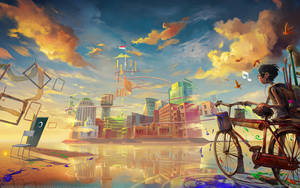 Bicycle In Fantasy City Art Wallpaper