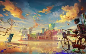 Bicycle In Fantasy City Art Wallpaper