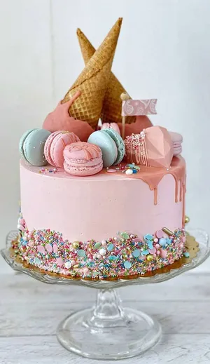 Birthday Cake With Macaroons And Cone Wallpaper
