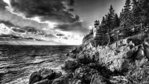 Black And White 4k Sky Bass Harbor Lighthouse Wallpaper