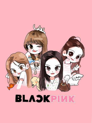 Blackpink Cartoon And Their Pets Wallpaper