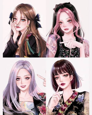 Blackpink Cartoon Modern Hanbok Wallpaper