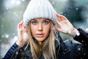 Blonde Female Model Beanie Snow Wallpaper