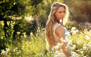 Blonde Girl Meadow Flowers Wallpaper