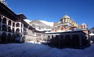 Blue Aesthetic Rila Monastery Winter Wallpaper
