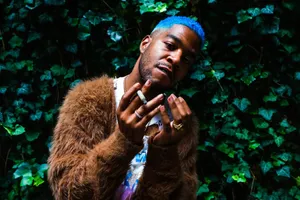 Blue Haired Artist Fur Coat Green Foliage Background Wallpaper