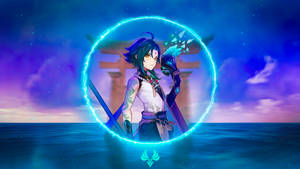 Blue-lit Xiao Genshin Impact Wallpaper