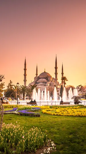 Blue Mosque Garden In Pastel Sky Wallpaper