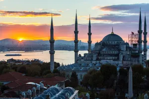 Blue Mosque With Mountain Sunset Wallpaper