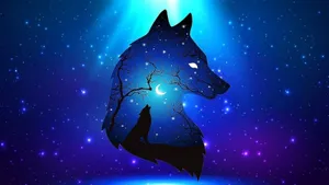 Blue Wolf And Crescent Moon Wallpaper