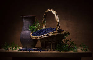 Blueberry Basket Still Life Painting Wallpaper