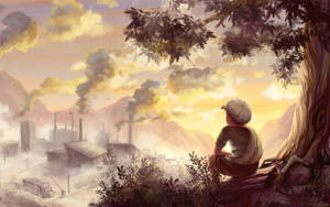 Boy Overlooking Factories Art Drawing Wallpaper