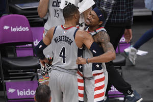 Bradley Beal Hugging Teammate Russel Westbrook Wallpaper