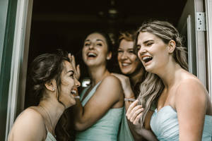 Bridesmaids In Teal Tube Dress Wallpaper