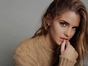 British Actress Emma Watson Brown Knit Sweater Wallpaper