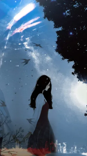 Broken Heart Anime With Flying Birds Wallpaper