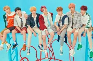 Bts Group Photo In Blue Wallpaper
