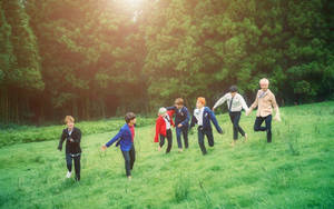 Bts Group Photo In Green Field Wallpaper